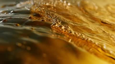 Rippling Amber Liquid Macro Showing Bubbles, Warm Reflections and Viscous Texture