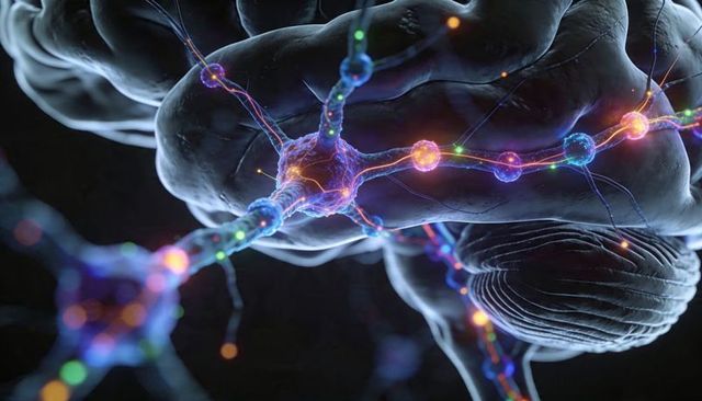 Neon Neuron Network Lighting Glowing Synapses Across Brain Cortex - Futuristic Neuroscience