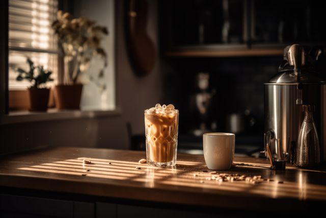 Glass of iced cafe latte on wooden counter in sun, created using generative ai technology. Coffee, summer, cafe, drinks and refreshments concept digitally generated image.