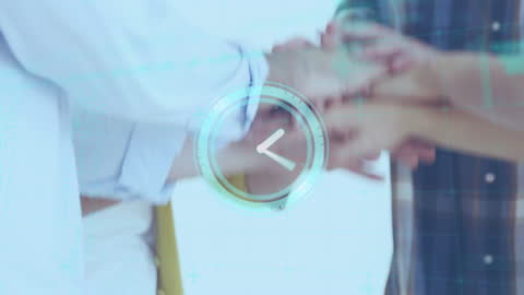 Diverse Team Collaboration with Digital Clock Overlay