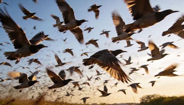 Flock of birds soaring at golden hour with motion blur and dramatic wing detail