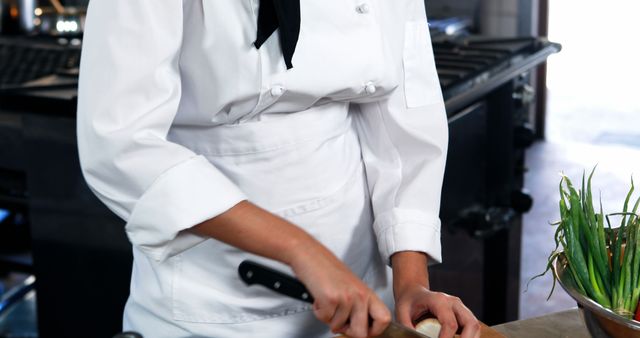 Chef is cutting vegetables in a professional kitchen, showing precise knife skills and attention to detail. The workspace is clean and organized, emphasizing culinary expertise. This image can be used for food blogs, culinary school promotions, cooking classes, or restaurant advertisements.