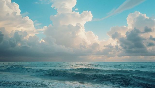 Tranquil Ocean Waves Under Majestic Cumulus Clouds