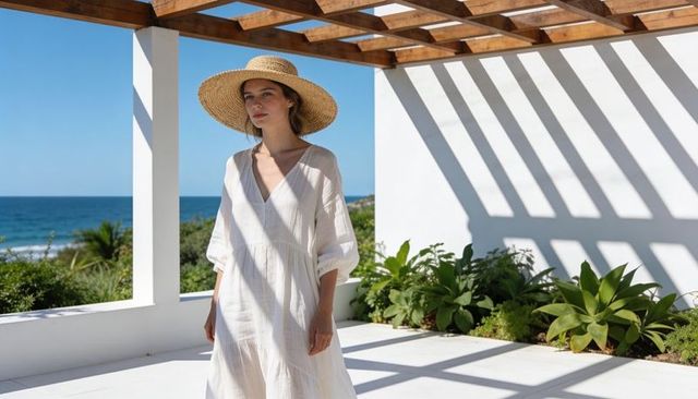 Woman wearing straw hat standing on sunlit seaside terrace with wooden pergola and succulents
