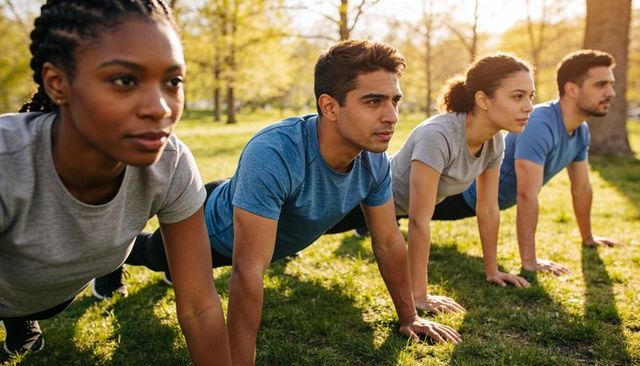 Determined multiracial adults performing push-ups on sunny park lawn for group fitness