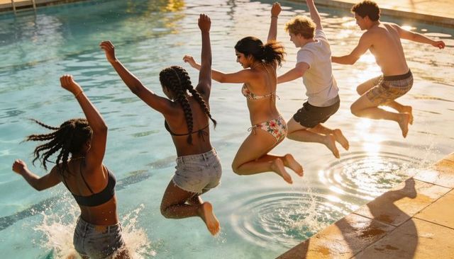 Friends jumping into pool at golden hour, splashing water, celebrating summer together