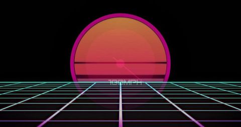 Glowing retro sun hovering over neon grid with 100mph speed text vaporwave synthwave