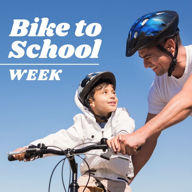 Bike to school week text banner over caucasian father teaching his son ride a bicycle. Bike to school week awareness concept