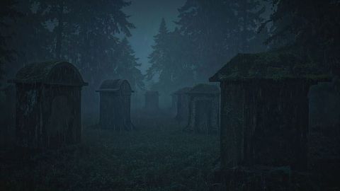 Moss-Covered Mausoleum Amidst Misty Forest in Rain