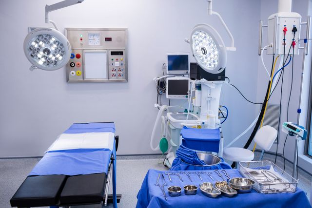 This image depicts a modern operating room equipped with advanced surgical tools and medical devices. The sterile environment and organized layout make it ideal for use in healthcare-related content, medical presentations, educational materials, and hospital brochures. It highlights the importance of technology and cleanliness in surgical procedures.