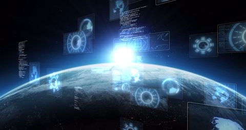 Global Digital Interface with Data Screens Over Earth Horizon - Download Free Stock Images Pikwizard.com
