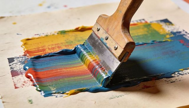 Wide Brush Dragging Ridged Rainbow Acrylic Paint Stroke on Cream Paper with Colorful Texture