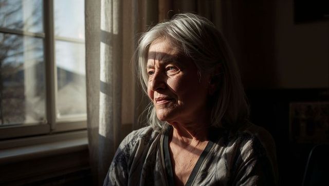 Senior woman gazing through window with sunlit shadow bands, intimate contemplative portrait