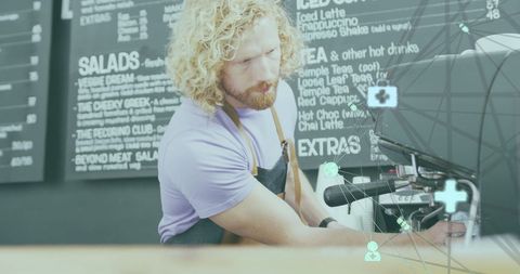 Caucasian Barista Preparing Coffee with Digital Social Connections Overlay