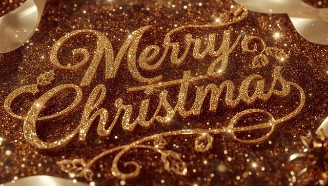 Shimmering Gold Merry Christmas Lettering with Festive Glitter, Sparkle and Bokeh
