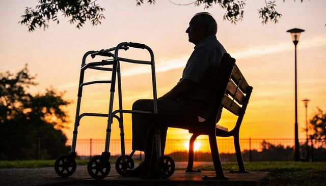 Senior man sitting on park bench with wheeled walker watching sunset silhouette