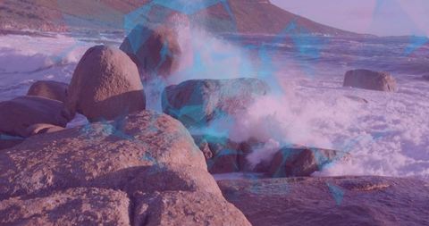 Dramatic Seascape with Waves Crashing on Rocky Shoreline