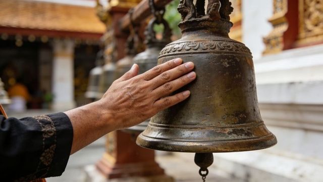 Visitor touching bronze temple bell with weathered patina in buddhist courtyard walkway