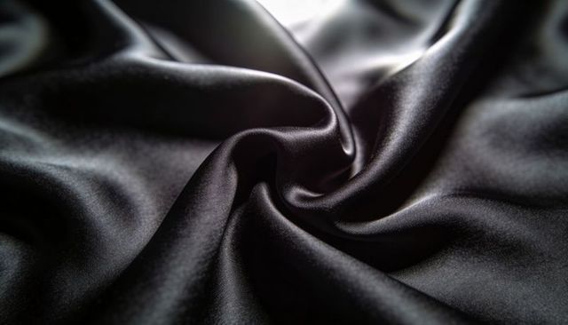 Black satin silk swirl with twisted fold, shiny luster and smooth draped texture