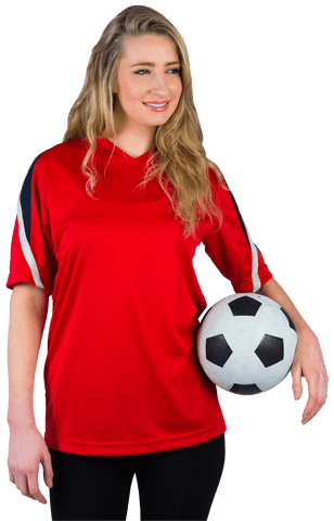 Smiling woman holding soccer ball transparent background