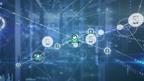 Network of Icons and Data Graphs with Server Room Background