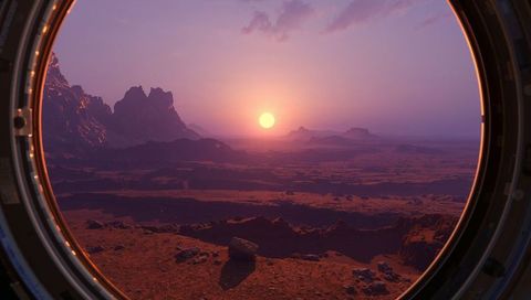 Viewing alien sunset through spacecraft porthole over mars-like red desert panorama