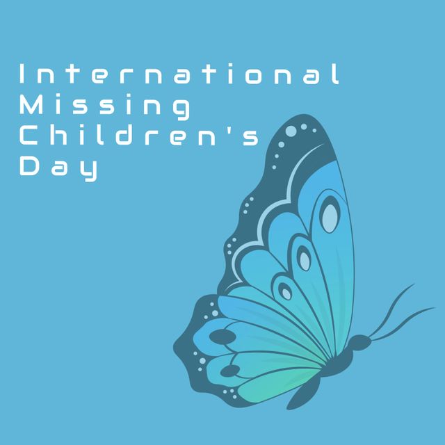 Blue butterfly design promoting International Missing Children's Day message. Ideal for raising awareness on social media, websites, and newsletters. Perfect for advocacy groups, organizers of Missing Children’s Day events, and educational campaigns.