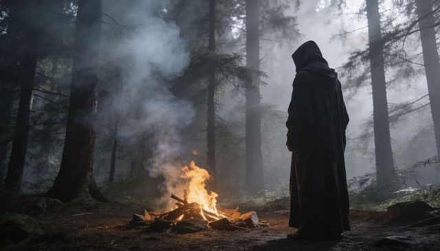 Mysterious hooded figure standing by campfire in misty conifer forest, dramatic silhouette