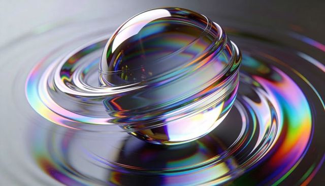 Iridescent glass orb with concentric rings reflecting rainbow light on glossy surface macro