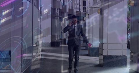 Businessman walking and calling on phone under urban colonnade with augmented hud overlay