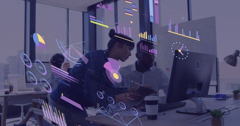 Innovative Team Collaborating with Digital Financial Analytics Overlays