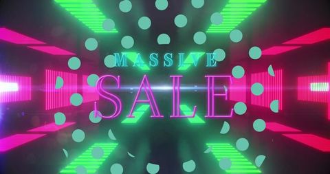 Neon Massive Sale Sign in Digital Tunnel with Vibrant Lights