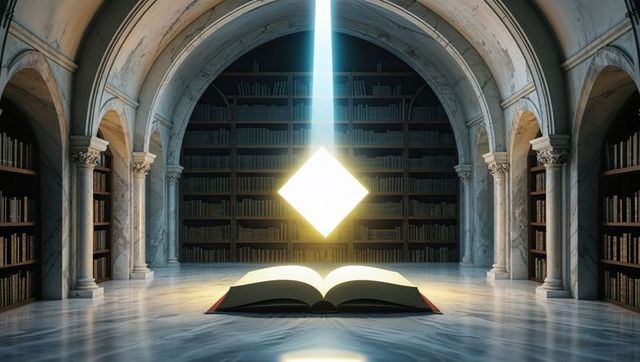 Mystical Light in Ancient Library with Open Book and Glowing Cube