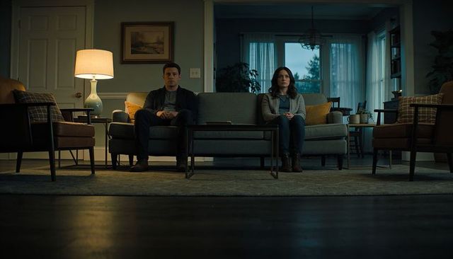 Couple sitting apart on midcentury sofa in dim living room muted amber twilight mood