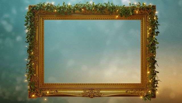 Ornate gold frame with lights and green vines on elegant backdrop