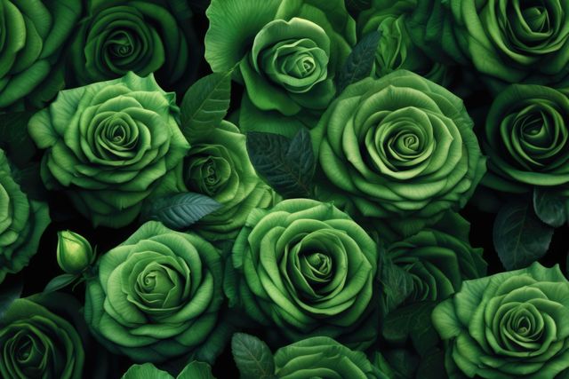 Full frame of green roses background, created using generative ai technology. Flower, nature, colour and wallpaper concept digitally generated image.