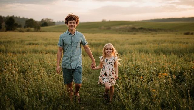 Siblings holding hands walking through sunlit meadow at golden hour