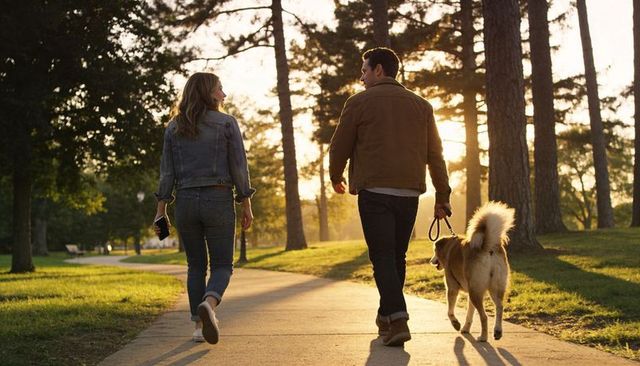 Couple walking dog on park path at golden hour backlit stroll with smartphone and leash