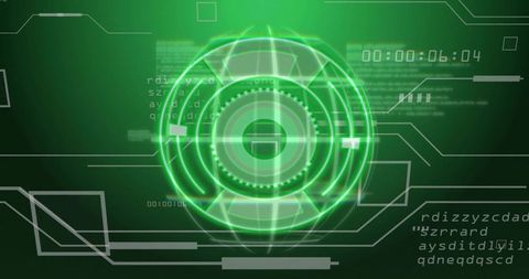 Rotating Green Holographic HUD Interface with Concentric Rings and Timer Readout, Neon Telemetry Ove