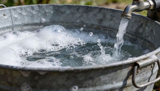 Filling galvanized tub with running water and bubbles in sunny garden