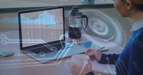 Data Processing Animation Overlay with Person Working Attentive on Laptop