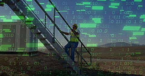 Engineer climbing stairs at construction site with digital overlay