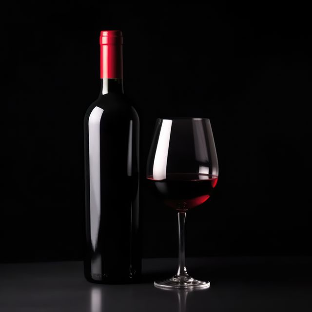 Wine bottle and glass with red wine on black background, created using generative ai technology. Wine week, drink, alcohol and wine tasting awareness concept digitally generated image.