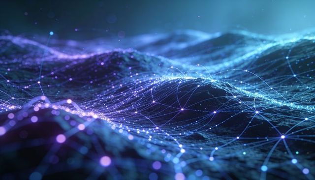 Luminous neural mesh landscape with glowing nodes and flowing data filaments