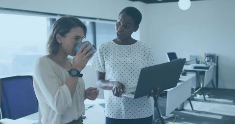 Female Colleagues Discussing Project Over Coffee in Bright Modern Open Office With Laptop
