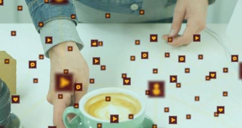 Denim-jacket hands reaching for mint green latte cup with social media icons and network overlay