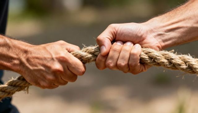 Pulling rope tug of war showing straining hands and muscular forearms in sunlight