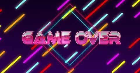 Game over neon sign pulsing in synthwave diamond frame with colorful retro streaks