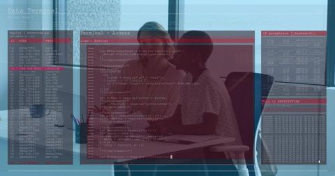 Two coworkers discussing laptop and documents in glass office with data overlay
