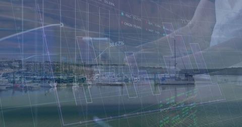 Peaceful marina with overlay of financial graphs and analytics